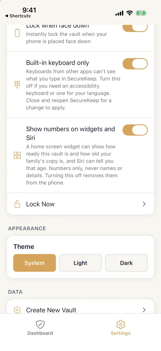 SecureKeep Settings on iPhone with Show numbers on widgets and Siri turned on, under Built-in keyboard only