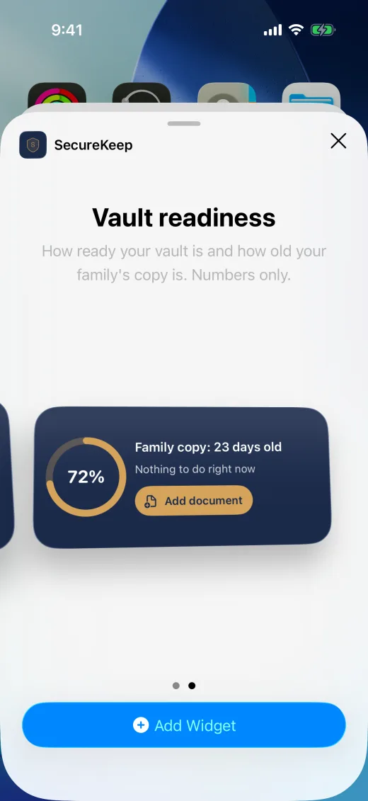 The iPhone widget gallery showing SecureKeep's Vault readiness widget in the medium size, with example numbers and an Add document button