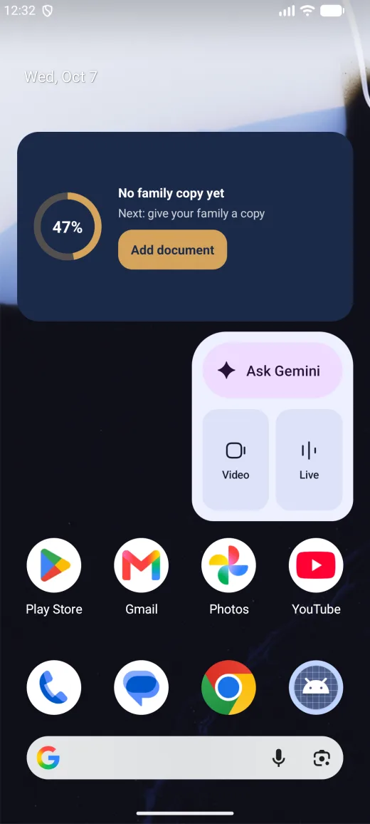 An Android home screen with a wide SecureKeep widget reading 47%, No family copy yet, Next: give your family a copy, and an Add document button