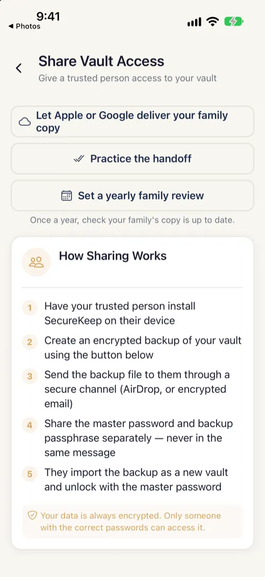 Share Vault Access with the family copy option