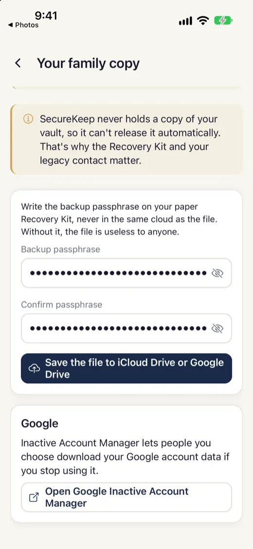 Choosing a passphrase for the copy