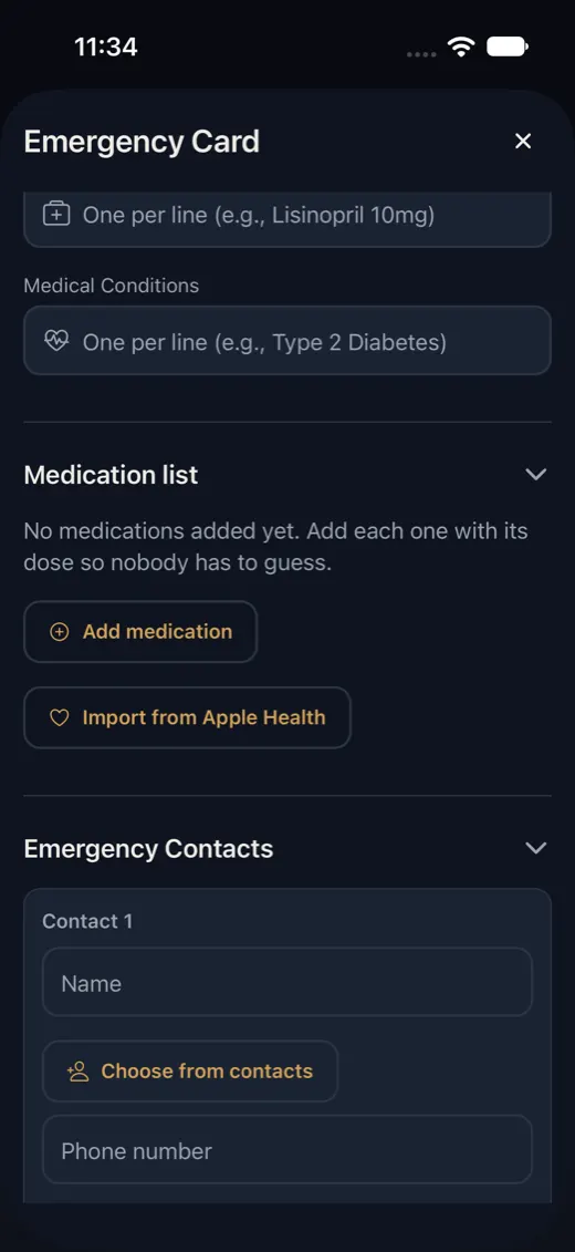 The emergency card's medication list in SecureKeep with Add medication and Import from Apple Health