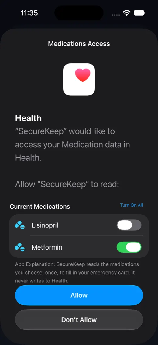 Apple's Medications Access sheet with Metformin switched on and Lisinopril off