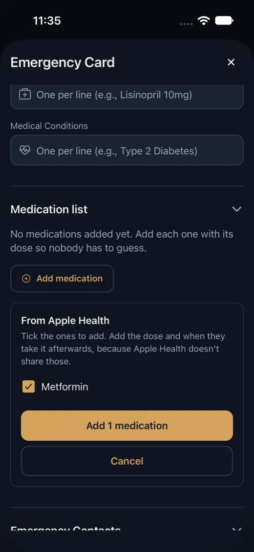From Apple Health: Metformin ticked, with Add 1 medication and Cancel