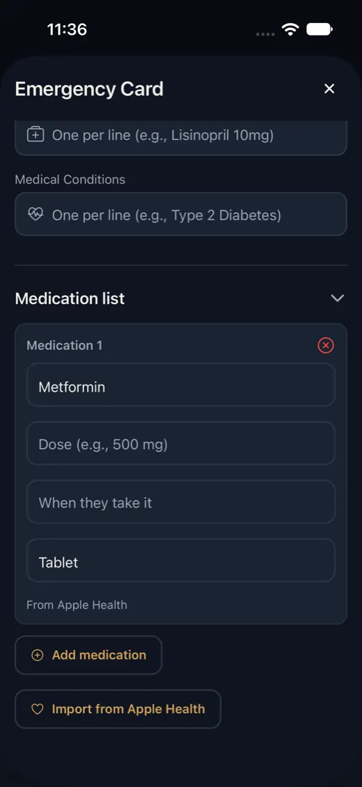 Metformin added to the medication list with Tablet in the notes and From Apple Health under it