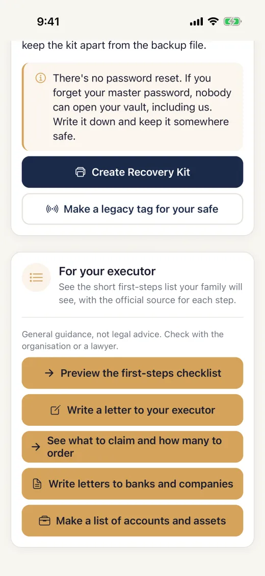 SecureKeep's Share Vault Access screen with Make a legacy tag for your safe under Create Recovery Kit