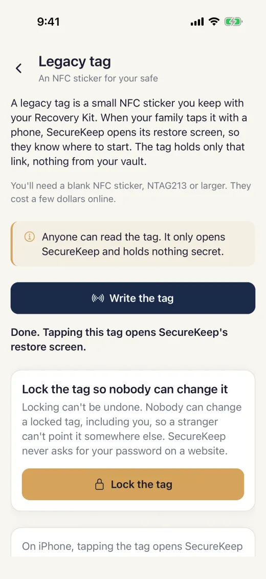The legacy tag screen after writing, with Done and the offer to lock the tag