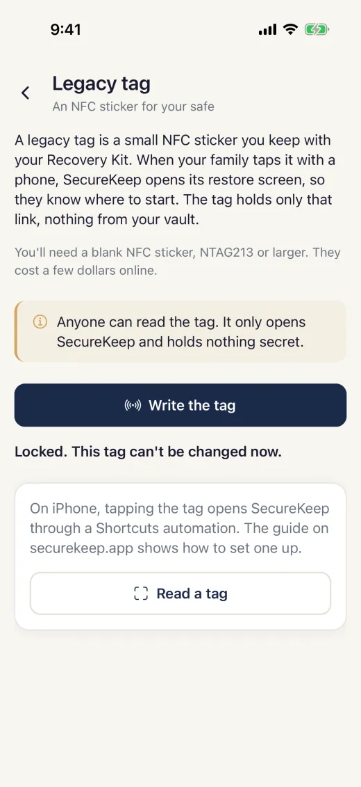 The legacy tag screen saying Locked. This tag can't be changed now.