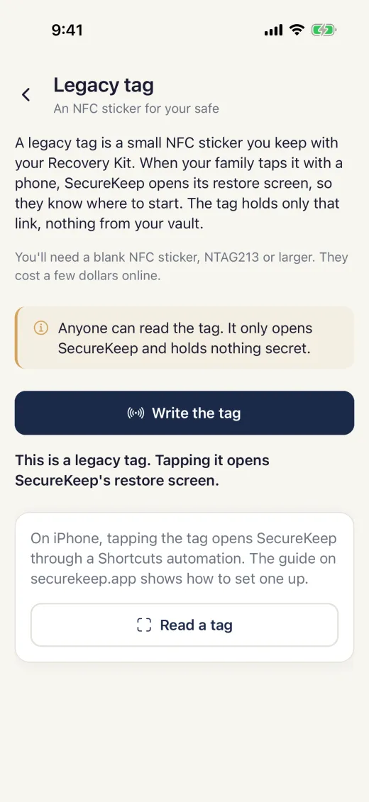 The legacy tag screen on iPhone after Read a tag: This is a legacy tag