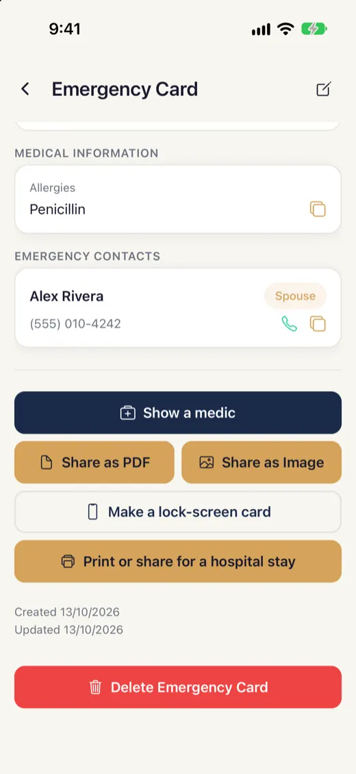 The emergency card with the Make a lock-screen card button
