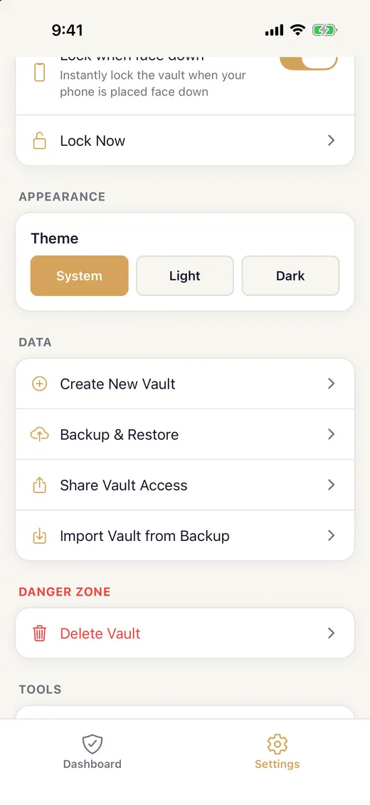 SecureKeep Settings scrolled to the Data section, with Backup & Restore second in the list