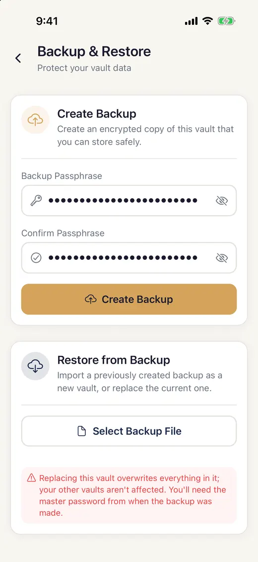 The Create Backup card with a passphrase typed into both fields, shown as dots