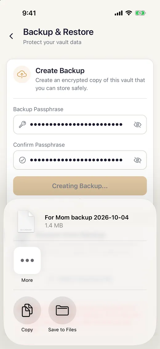The iPhone share sheet holding the file For Mom backup 2026-10-04, with Save to Files at the bottom