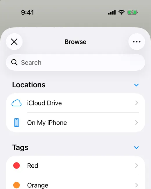 The Save to Files browser on iPhone, listing iCloud Drive and On My iPhone under Locations