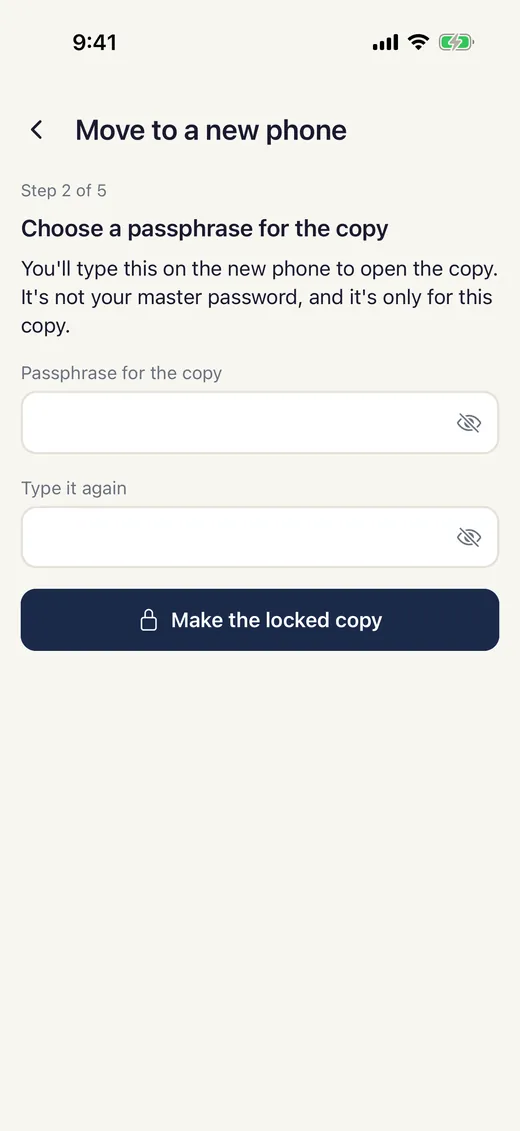 Move to a new phone, step 2 of 5: choosing a passphrase for the copy, with the Make the locked copy button