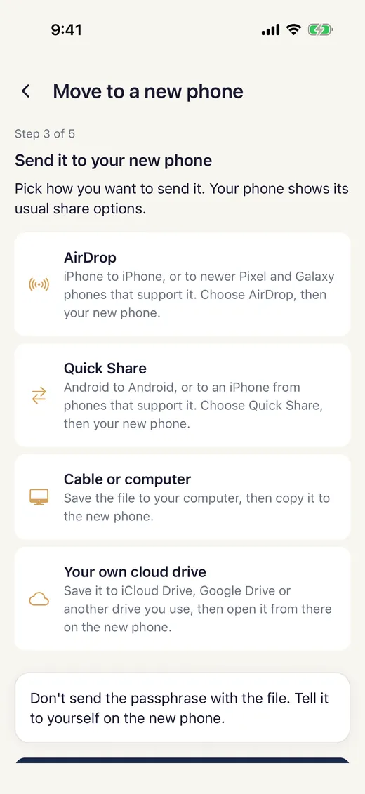 Move to a new phone, step 3 of 5: the ways to send the copy, AirDrop, Quick Share, a cable or your own cloud drive
