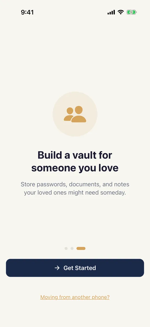 SecureKeep's last welcome screen on the new phone, with the Moving from another phone? link under Get Started
