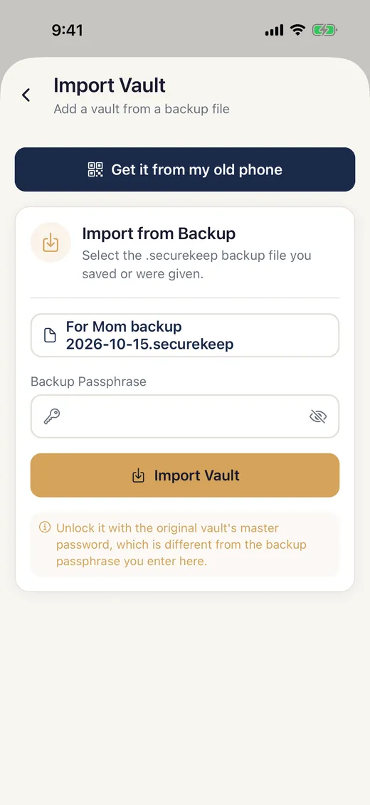 Import Vault on the new phone with the copy chosen, the Backup Passphrase box and the Import Vault button