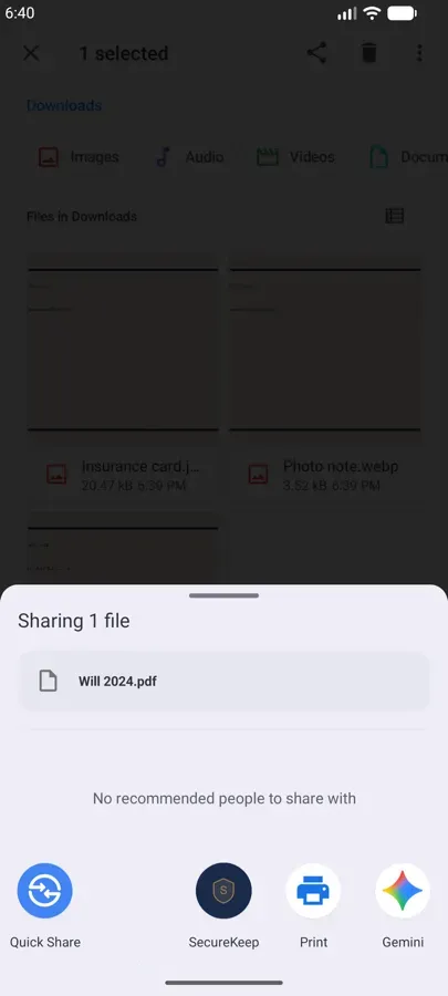 The Android share sheet for a file called Will 2024.pdf, with SecureKeep in the row of apps
