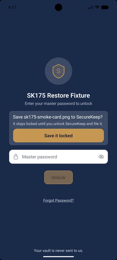 The SecureKeep lock screen on Android for a test vault, asking Save a test card photo to SecureKeep, with a Save it locked button above the password box