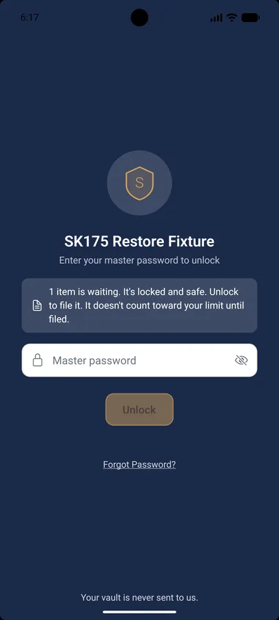 The SecureKeep lock screen on Android for a test vault, with a box saying 1 item is waiting and that it is locked and safe