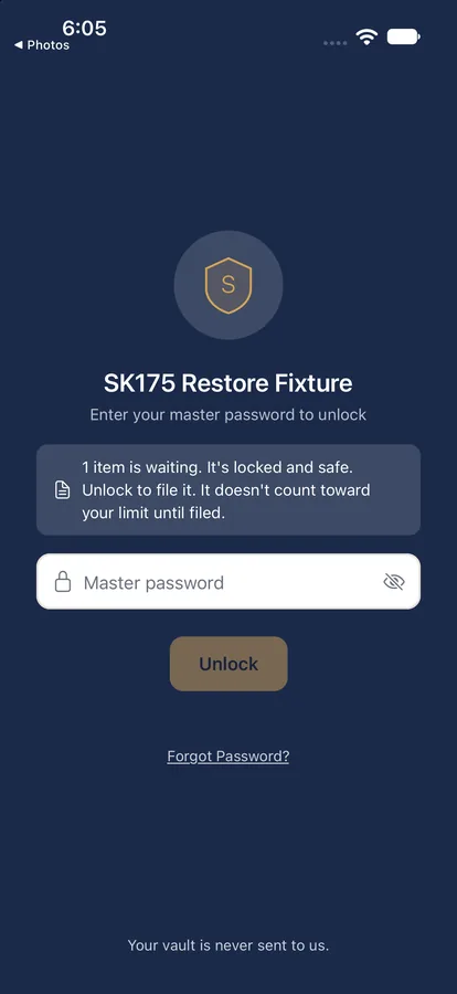 The SecureKeep lock screen on iPhone for a test vault, with a box saying 1 item is waiting and that it is locked and safe