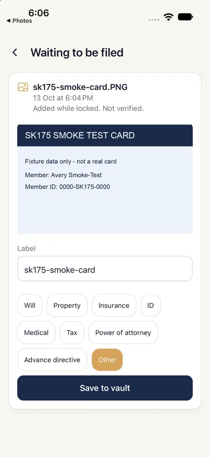 The Waiting to be filed screen in SecureKeep on iPhone showing a photo of a made-up test card, a label field, category buttons and a Save to vault button