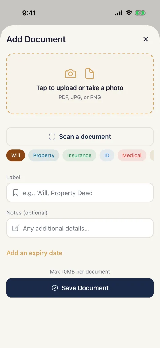 Add Document in SecureKeep with the Scan a document button under the upload area