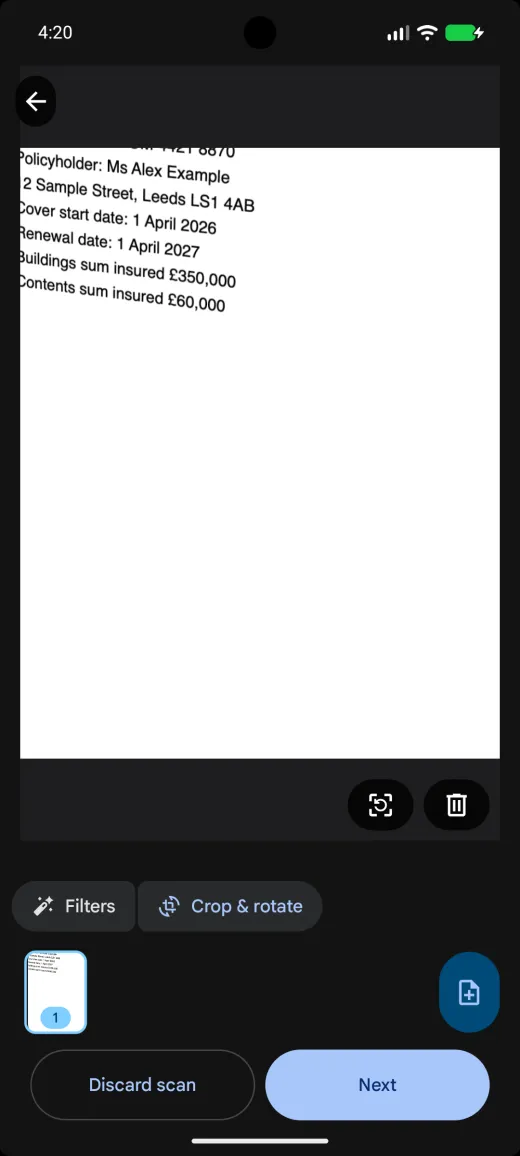 Google's document scanner on Android showing a scanned insurance page, with Next at the bottom