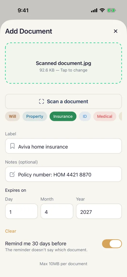 The Add Document form filled in from the scan, with the expiry date and the reminder switch
