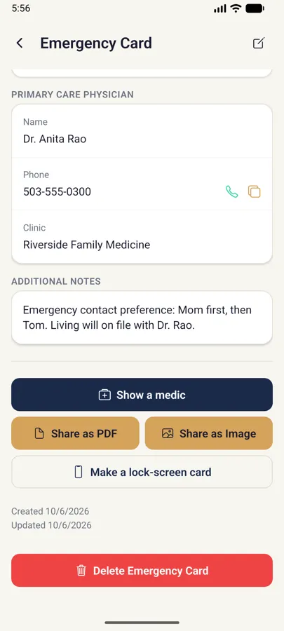 The bottom of the Emergency Card screen, with the navy Show a medic button above Share as PDF and Share as Image