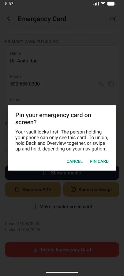 The Pin your emergency card on screen? question over the emergency card, with Cancel and Pin card buttons