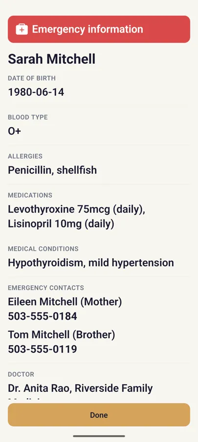 The Emergency information screen for the demo person Sarah Mitchell, listing date of birth, blood type, allergies, medications, conditions, two emergency contacts and a doctor, with a Done button