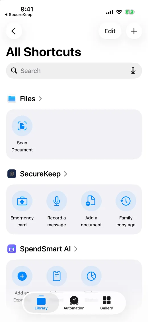 The Shortcuts app on iPhone with SecureKeep's four shortcuts: Emergency card, Record a message, Add a document and Family copy age