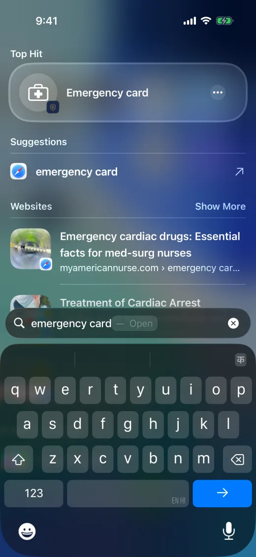 iPhone search showing SecureKeep's Emergency card shortcut as the top hit