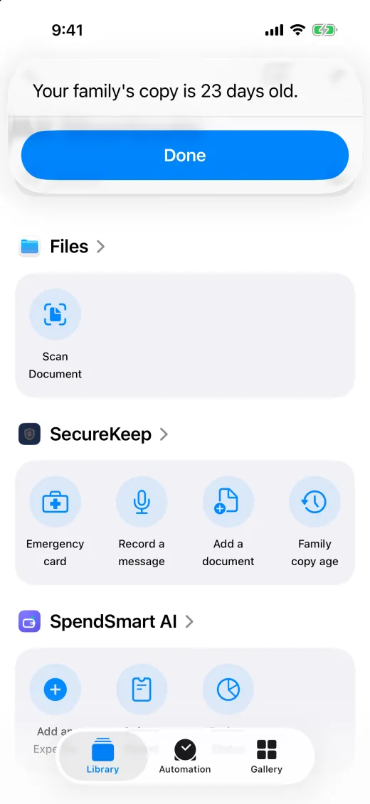 The Shortcuts app showing the answer: Your family's copy is 23 days old