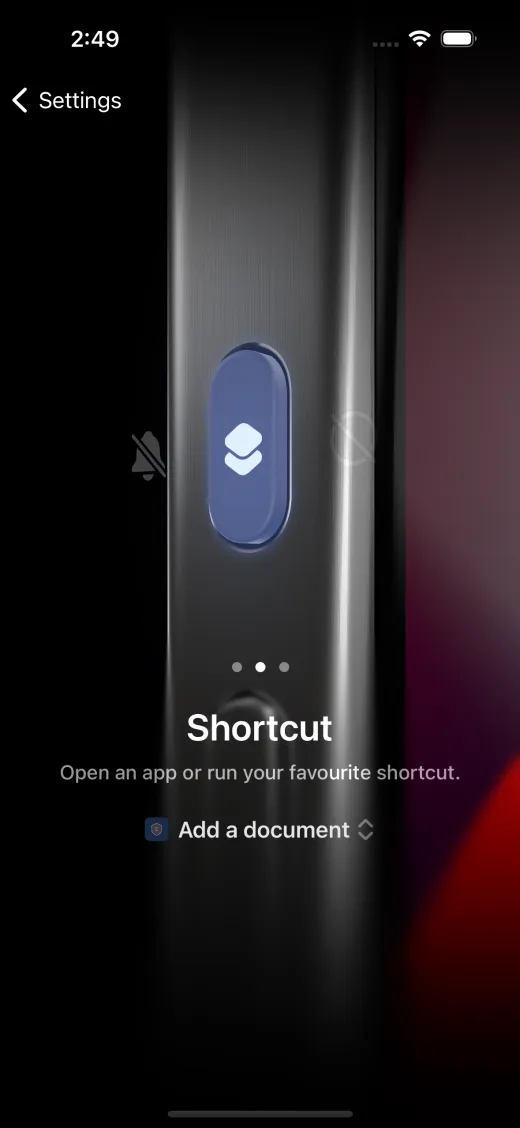 iPhone Action Button settings set to Shortcut, with SecureKeep's Add a document chosen