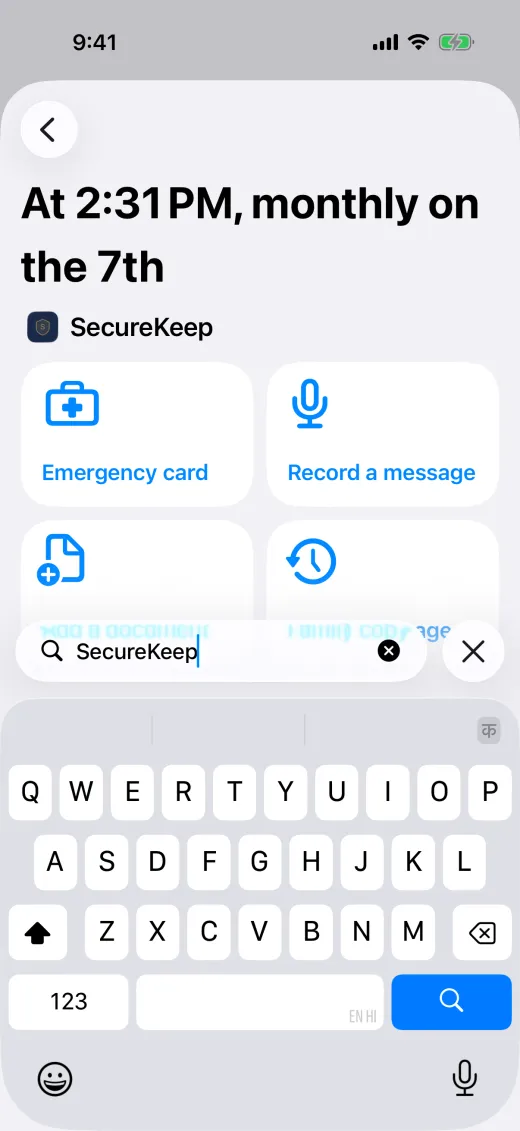 A new Shortcuts automation, monthly on the 7th, offering SecureKeep's four actions