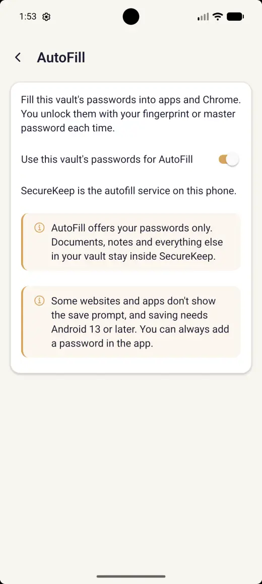 SecureKeep's AutoFill screen with the switch on and the line SecureKeep is the autofill service on this phone