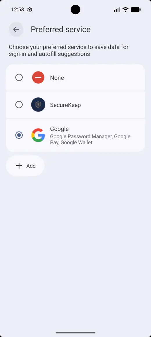 Android's list of autofill services with SecureKeep and Google
