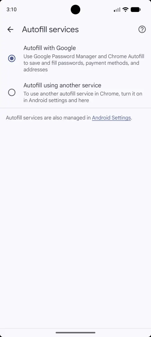 Chrome's Autofill services page with Autofill with Google and Autofill using another service