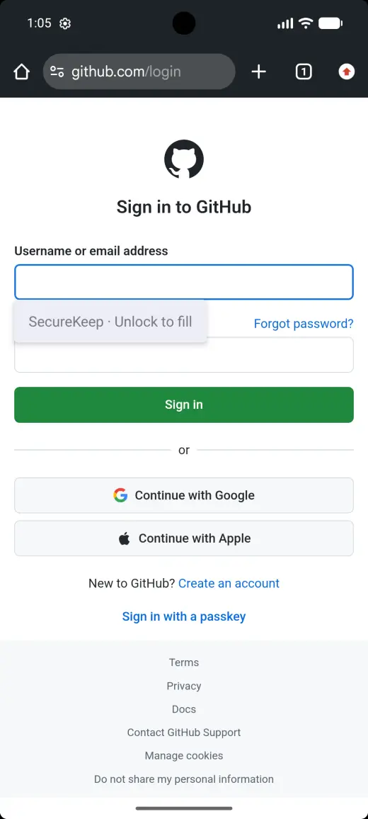 A GitHub sign-in page in Chrome with SecureKeep, Unlock to fill under the username box
