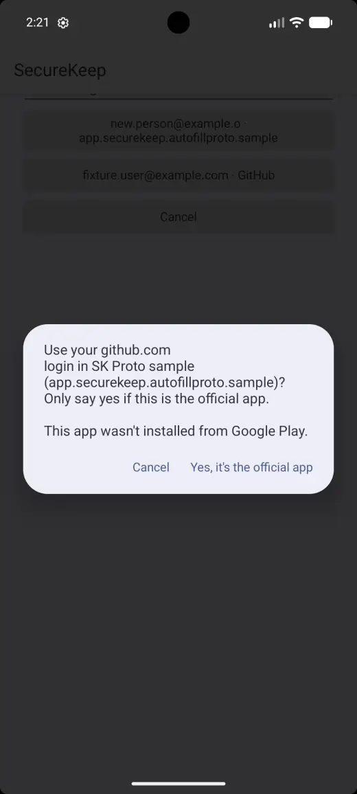 SecureKeep asking whether to use the github.com login in this app, naming the app and its package, and noting it was not installed from Google Play
