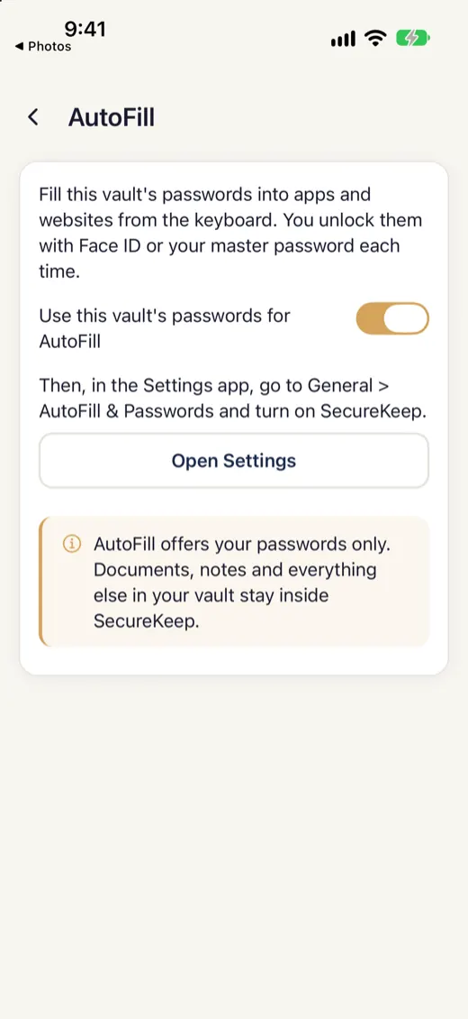 SecureKeep's AutoFill screen with the switch on