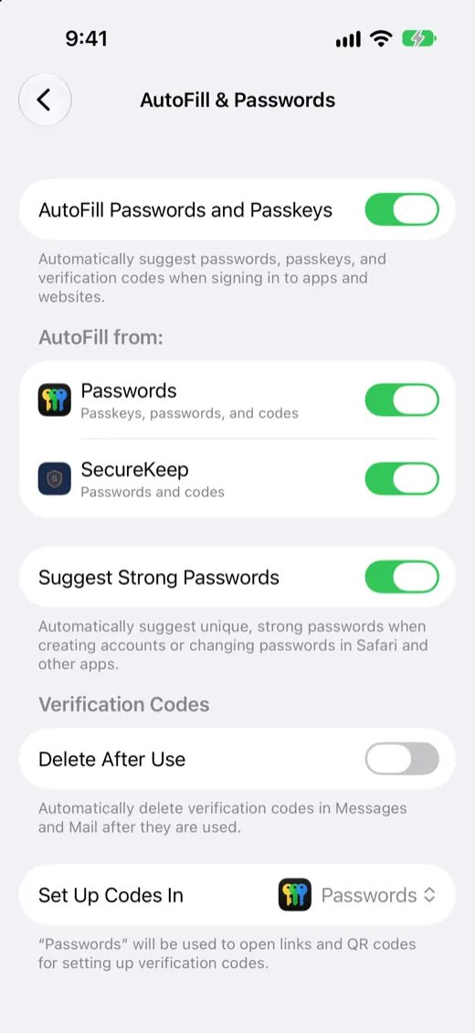 iPhone Settings, AutoFill and Passwords, with SecureKeep switched on