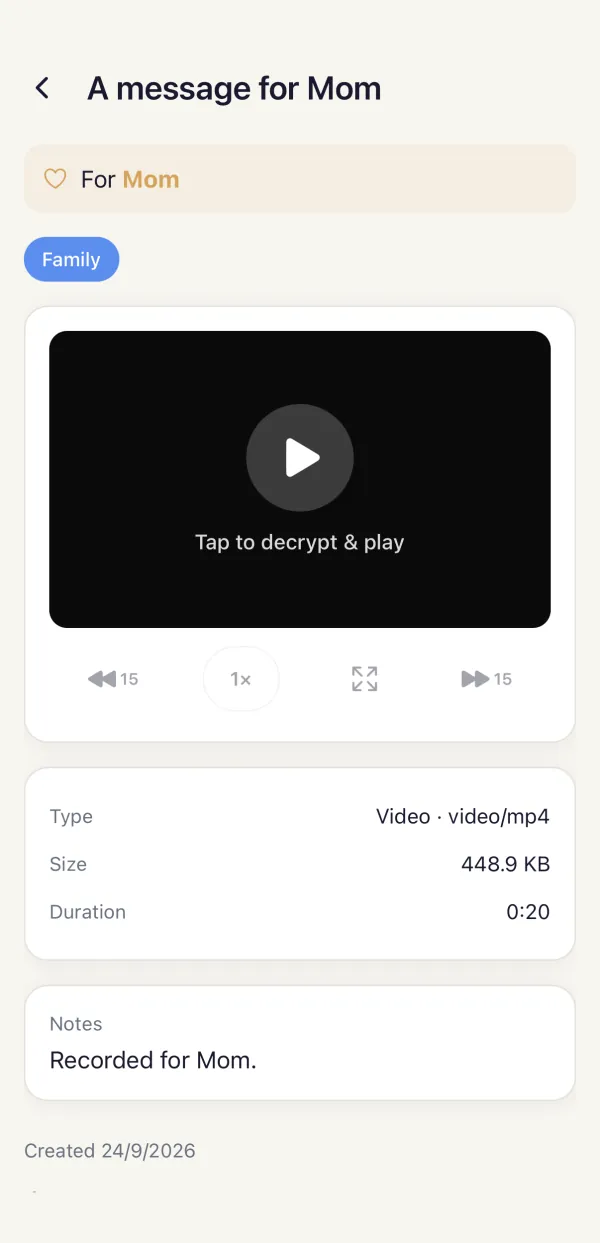 A recorded video message titled A message for Mom, ready to decrypt and play.